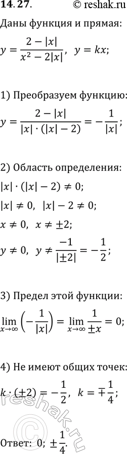Изображение 14.27. При каких значениях k прямая y=kx не имеет общих точек с графиком функции...