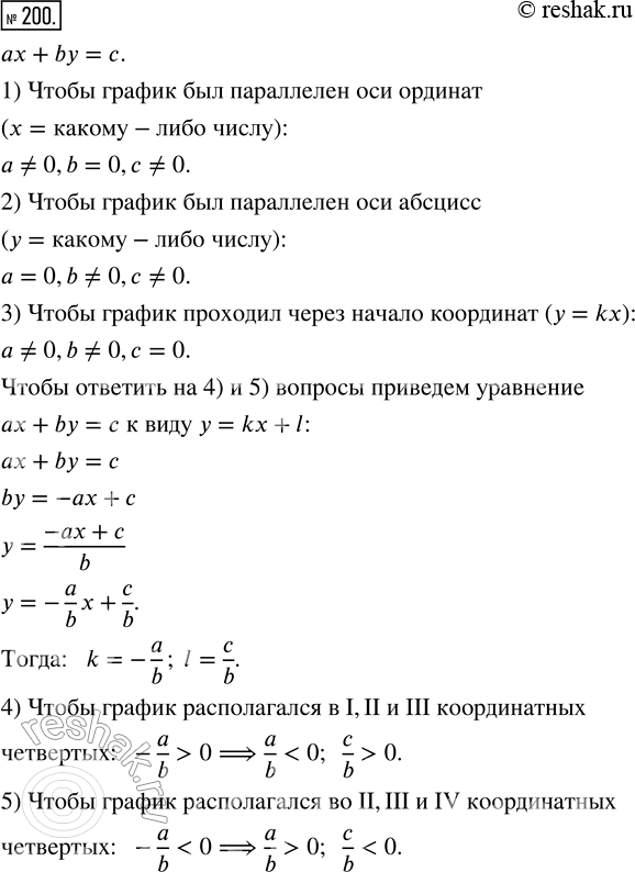 Изображение 200. Какими должны быть числа а, b и с, чтобы график уравнения ах + by = с:1) был параллелен оси ординат;2) был параллелен оси абсцисс;3) проходил через начало...