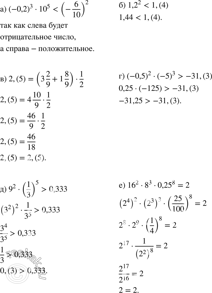 Изображение 859. Сравните значения числовых выражений:а) (-0,2)3 * 10^5 и (-6/10)2;б) 2,(5) и (3*2/9+1*8/9)*1/2;в) 9^2 * (1/3)5 и  0,333;г) (-0,5)2 * (-5)3 и -31,(3);д)...