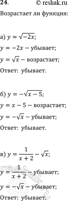 Изображение 24. Определите характер монотонности функции:а) y=v(-2x);   в) y=1/(x+2)-vx;   д) y=1/(x-4)+1/(x+4);б) y=-v(x-5);   г) y=1/x^5+1/vx;   е)...