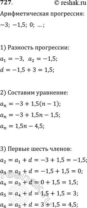 Изображение 727. Изобразите в координатной плоскости первые шесть членов арифметической прогрессии -3, -1,5; 0, ... . Напишите уравнение прямой, на которой лежат построенные...