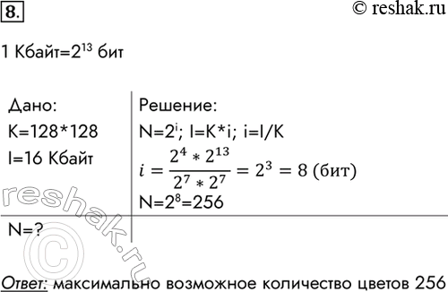 Изображение 8. Для хранения растрового изображения размером 128 х 128 пикселей отвели 16 Кбайт памяти. Каково максимально возможное число цветов в палитре изображения?1...